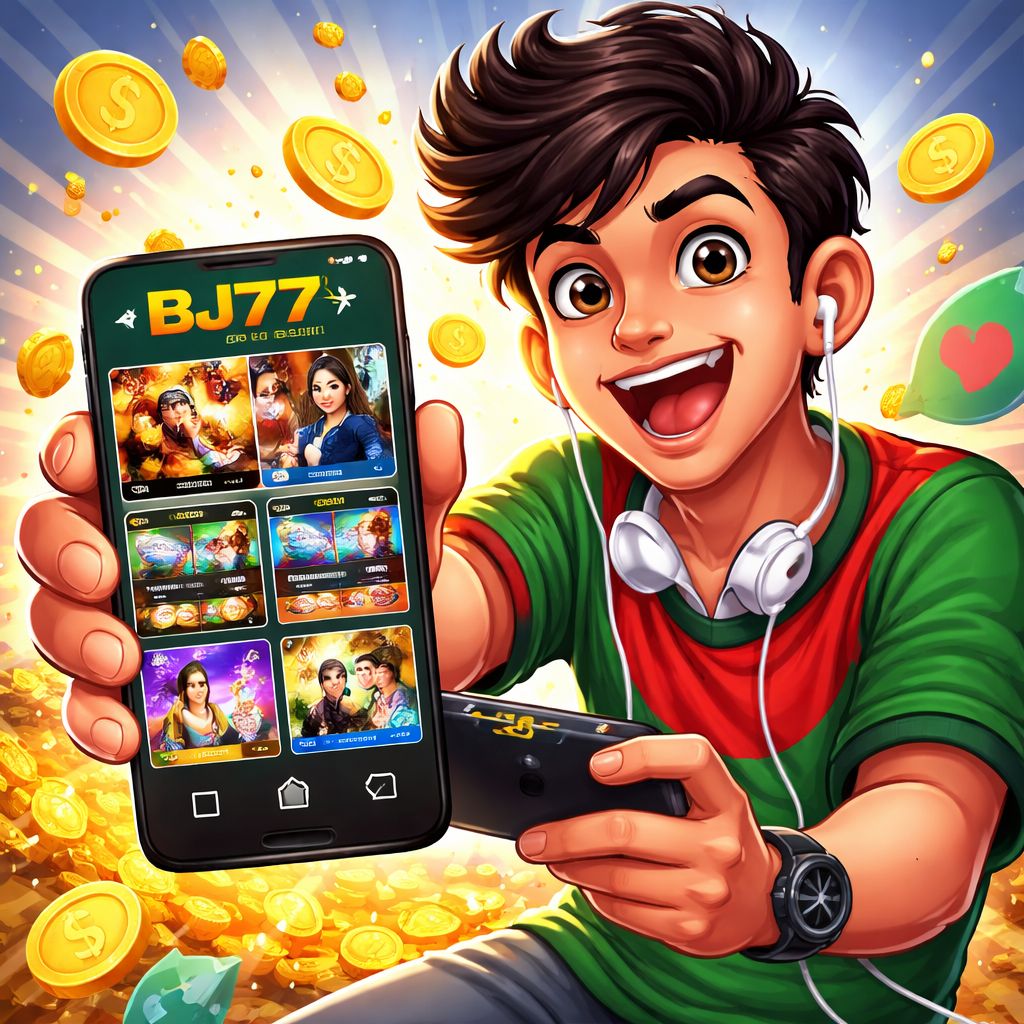 Cartoon Bangladeshi mobile gamer holding a phone with bj77 app casino rewards