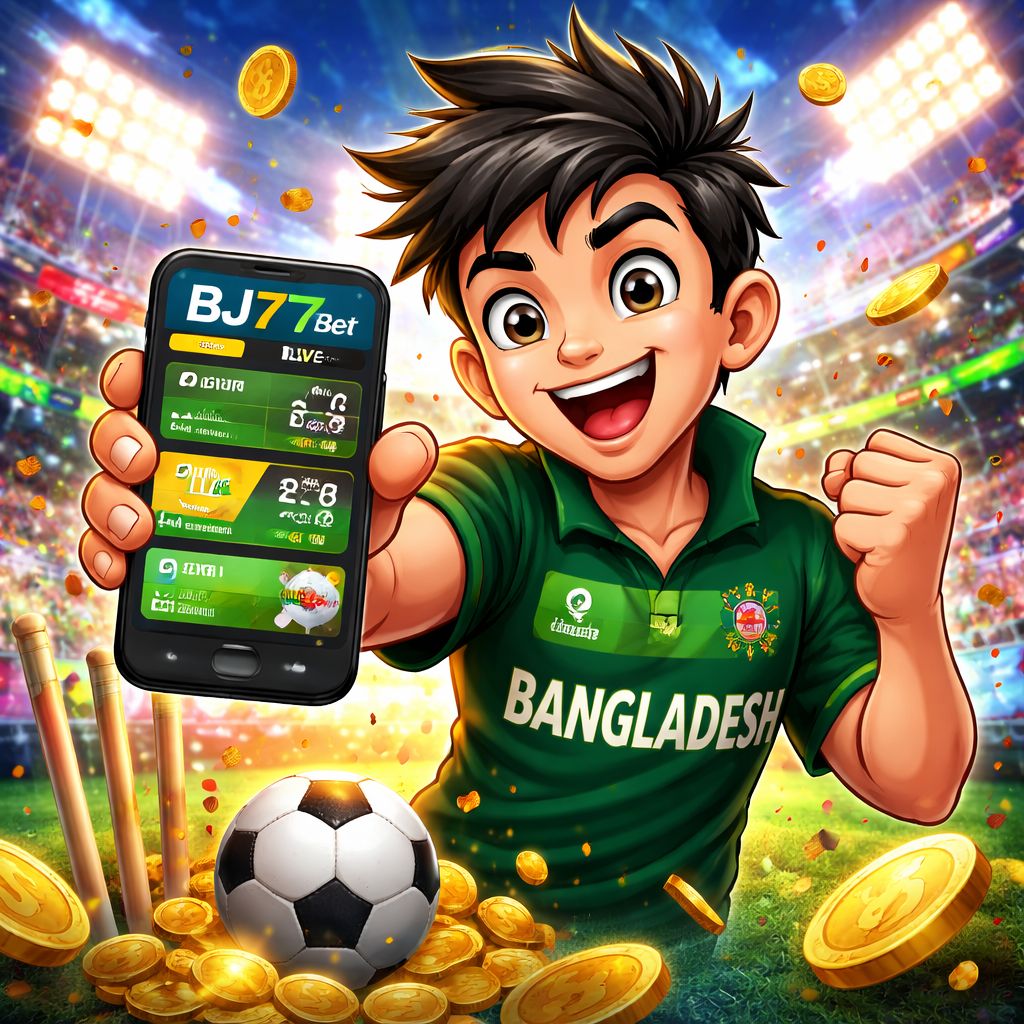 Cartoon sports bettor holding a phone with cricket and football odds in a bright bj77 betting scene