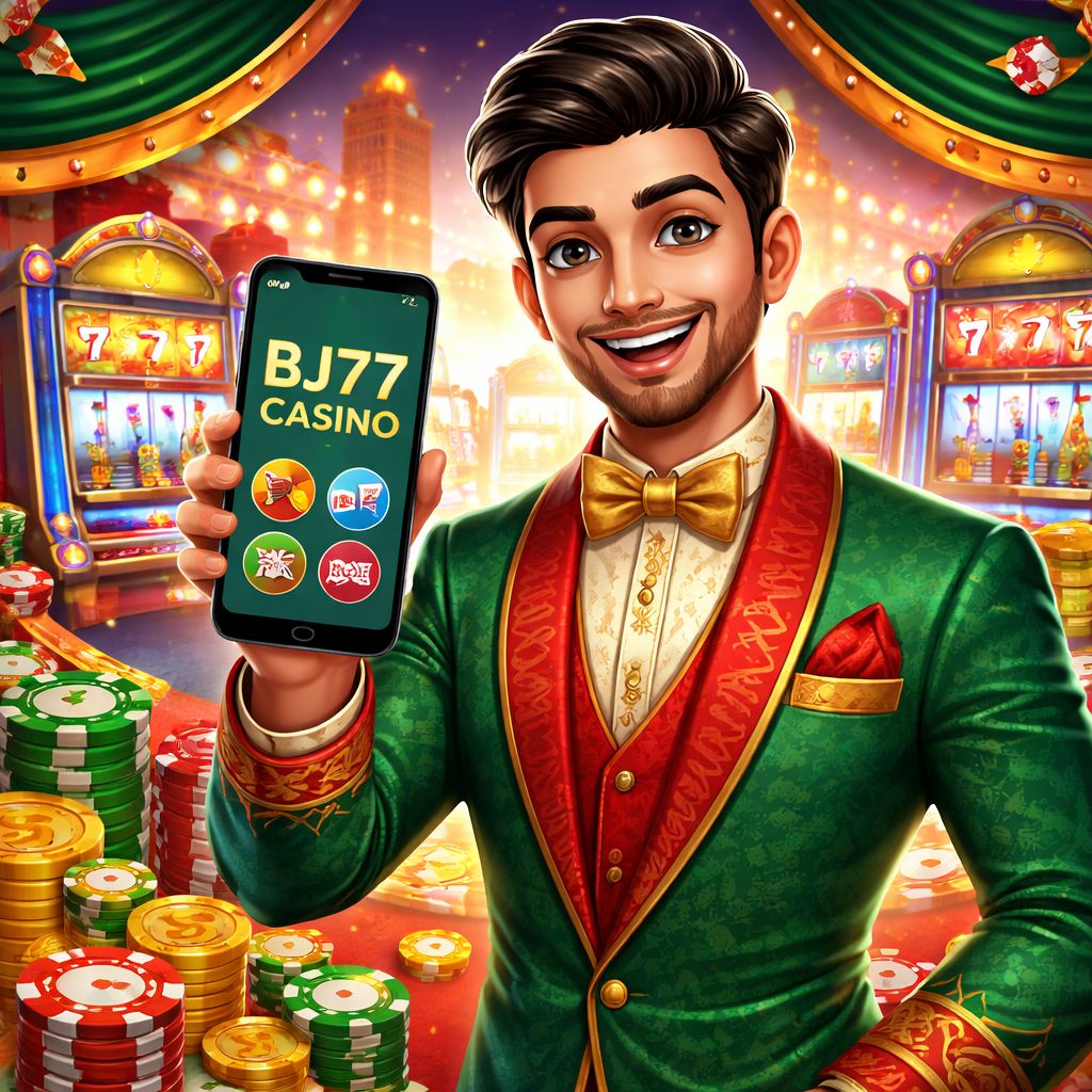 Cartoon casino host with slot reels, chips, and bj77 mobile app theme