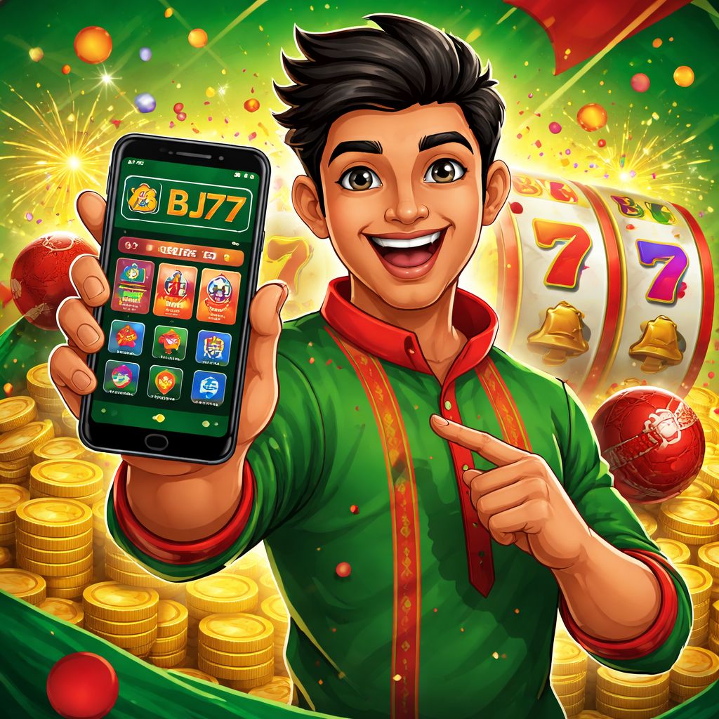 bj77 cartoon casino character celebrating with coins, phone, and Bangladesh-inspired colors