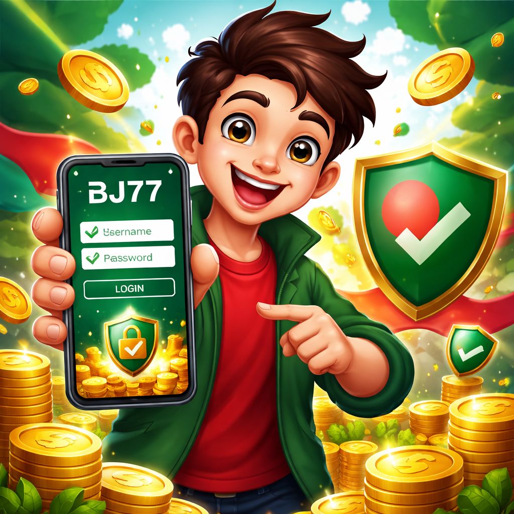 Cartoon player using a phone to access bj77 Login with coins and security icons