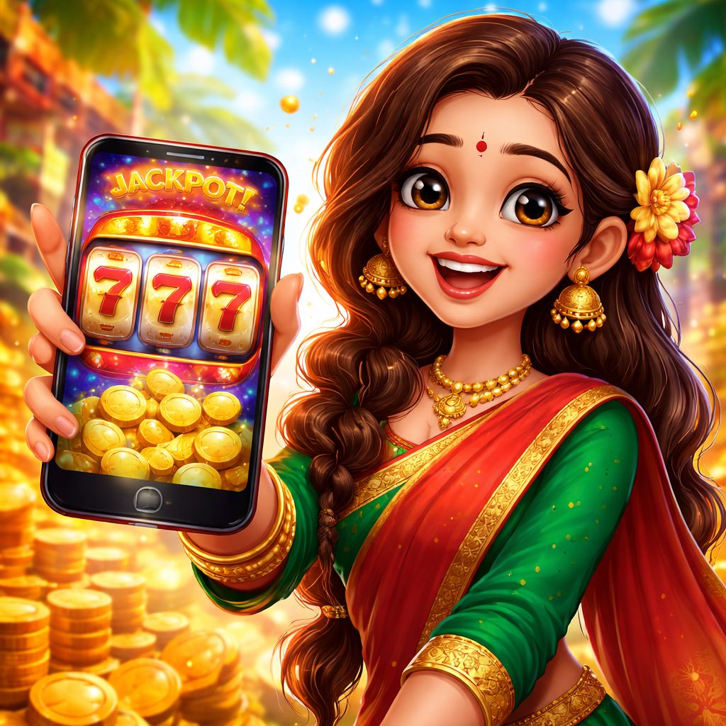 Cartoon slot player celebrating a jackpot on a mobile casino screen